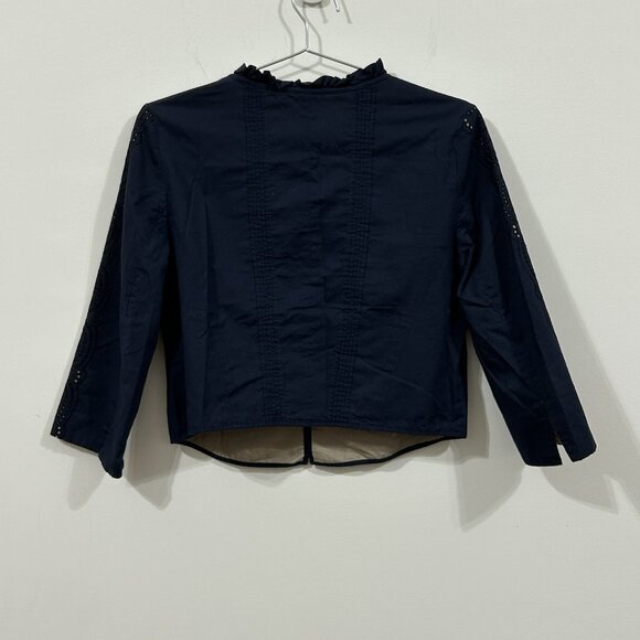 ANN TAYLOR LOFT Blazer Womens 6 Navy Eyelet Ruffle Cropped 3/4 Sleeve Cotton - Picture 2 of 7